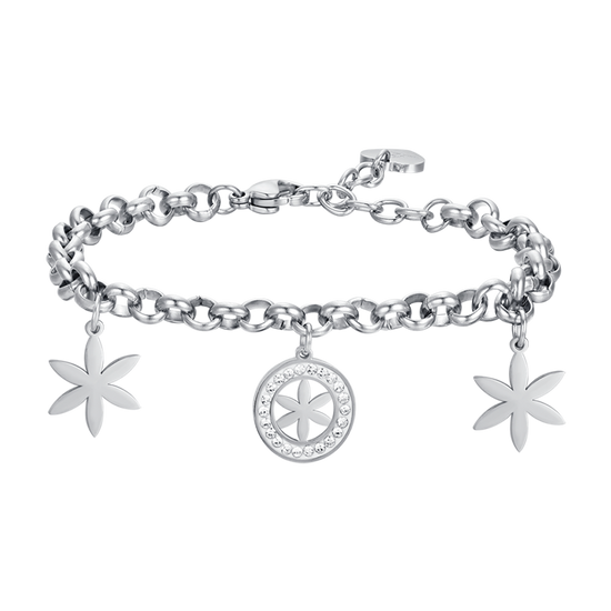 PULSERA DE ACERO PARA MUJER CON FLOR DE LA VIDA Y CRISTALES BLANCOS
