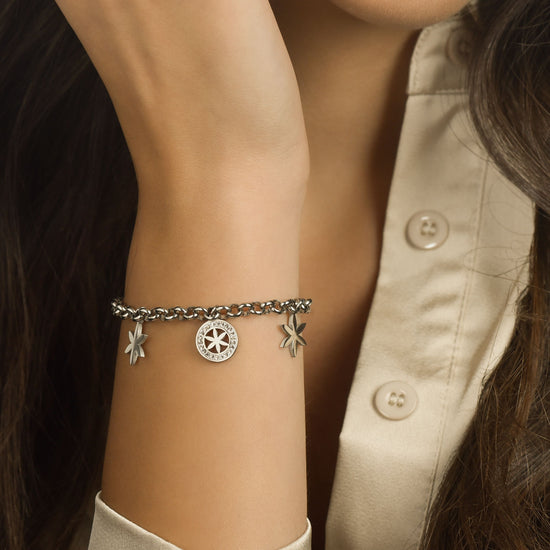 PULSERA DE ACERO PARA MUJER CON FLOR DE LA VIDA Y CRISTALES BLANCOS
