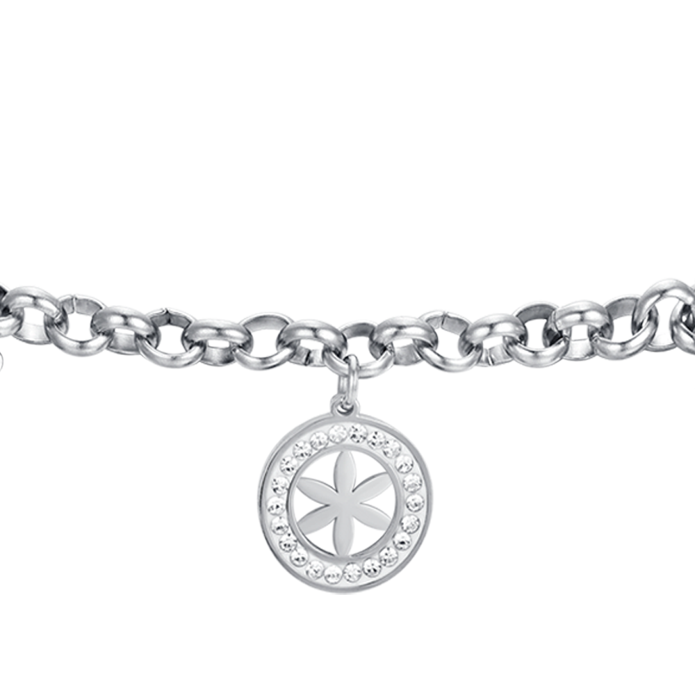 PULSERA DE ACERO PARA MUJER CON FLOR DE LA VIDA Y CRISTALES BLANCOS