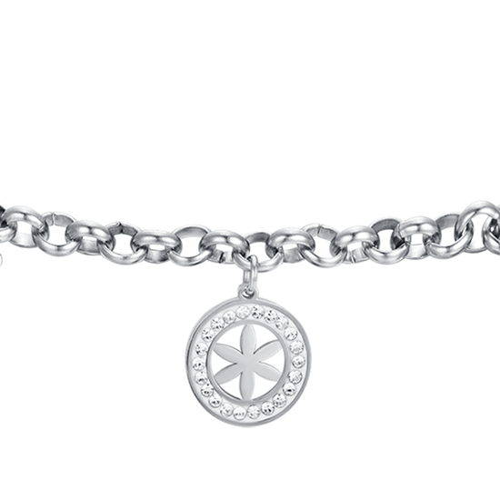 PULSERA DE ACERO PARA MUJER CON FLOR DE LA VIDA Y CRISTALES BLANCOS