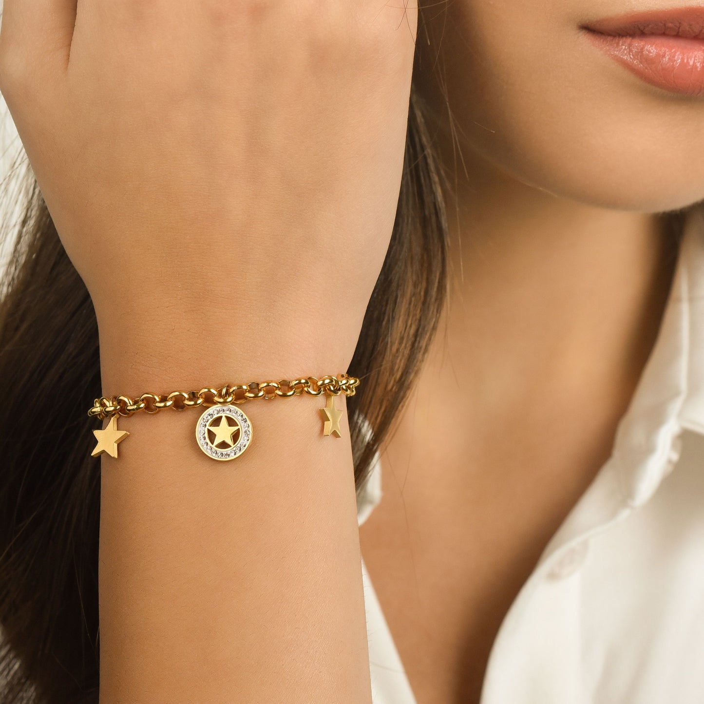 PULSERA DE ACERO PARA MUJER CON ESTRELLAS Y CRISTALES BLANCOS