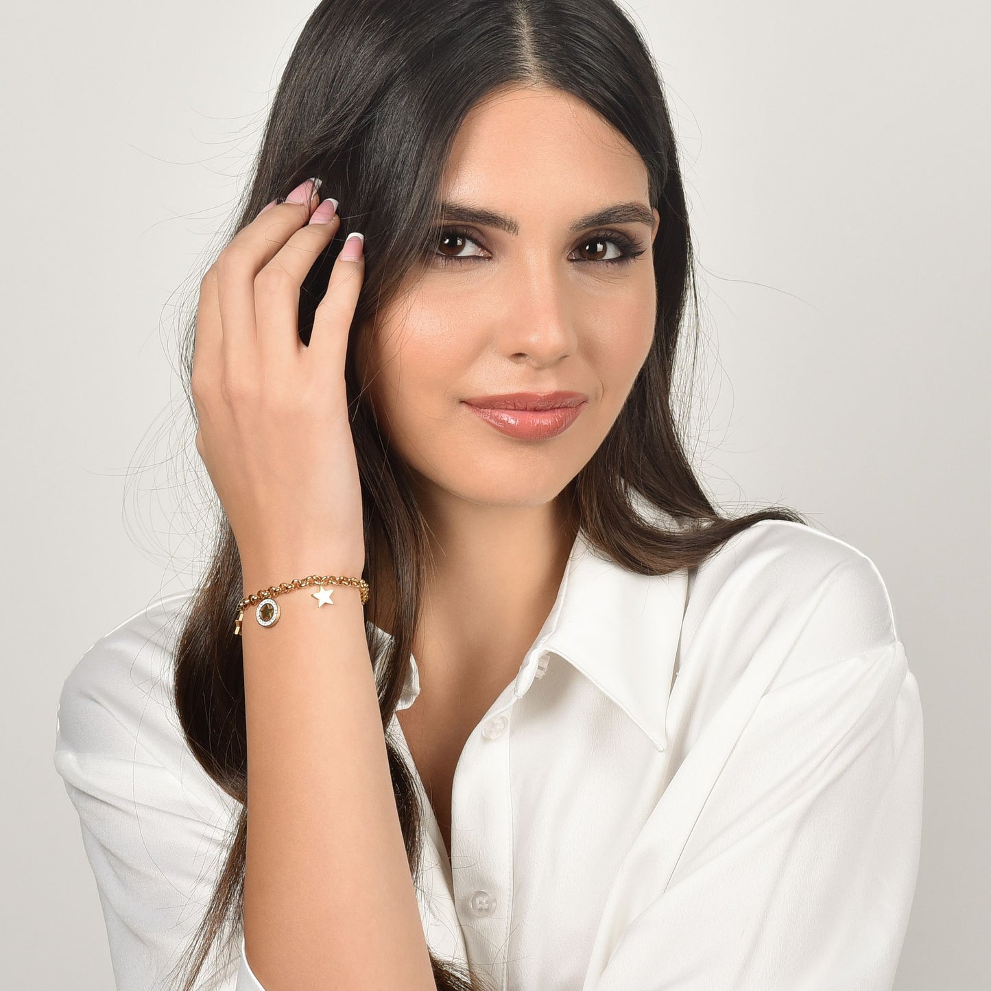 PULSERA DE ACERO PARA MUJER CON ESTRELLAS Y CRISTALES BLANCOS