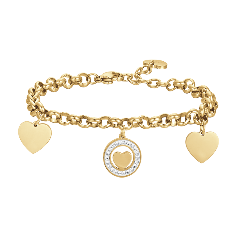 IP PULSERA DE ACERO DORADO PARA MUJER CON CORAZONES Y CRISTALES BLANCOS