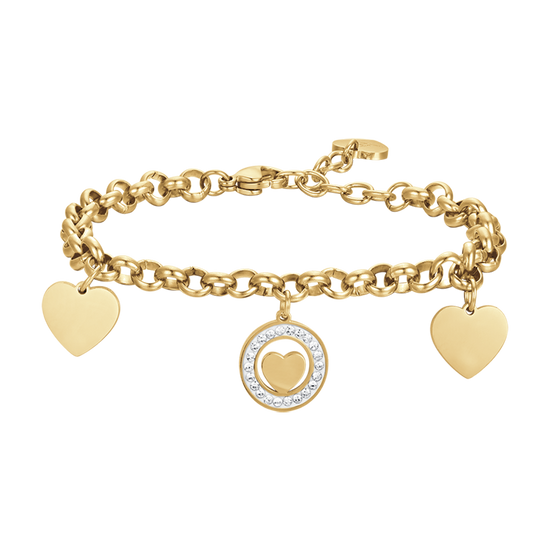 IP PULSERA DE ACERO DORADO PARA MUJER CON CORAZONES Y CRISTALES BLANCOS