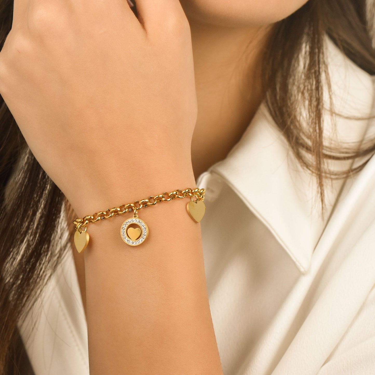 PULSERA DE ACERO PARA MUJER CON CORAZONES Y CRISTALES BLANCOS