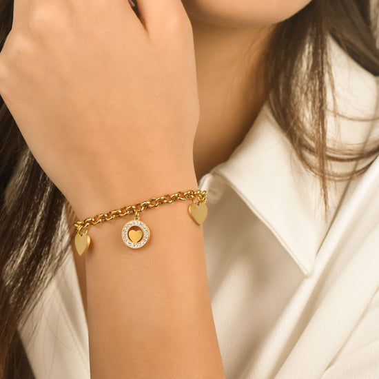 PULSERA DE ACERO PARA MUJER CON CORAZONES Y CRISTALES BLANCOS