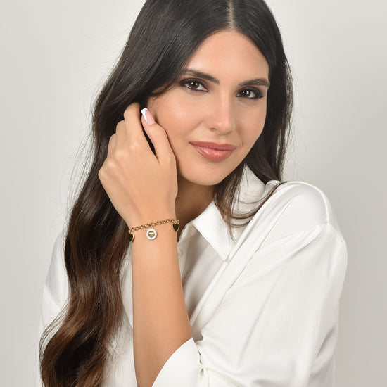 PULSERA DE ACERO PARA MUJER CON CORAZONES Y CRISTALES BLANCOS