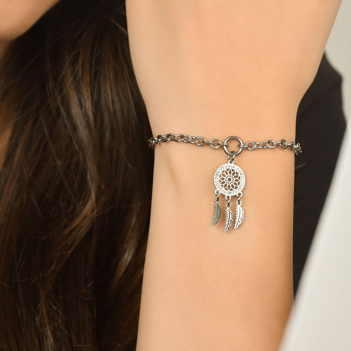 PULSERA ATRAPASUEÑOS DE ACERO PARA MUJER CON CRISTALES BLANCOS