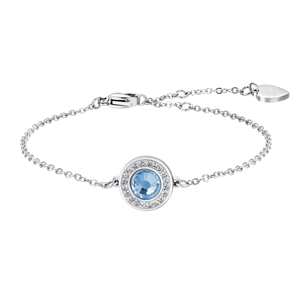 PULSERA DE ACERO PARA MUJER ELEMENTO DE CRISTAL AGUAMARINA Y CRISTALES BLANCOS