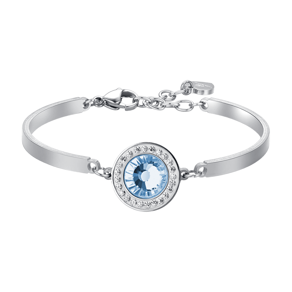 PULSERA DE ACERO PARA MUJER ELEMENTO DE CRISTAL AGUAMARINA Y CRISTALES BLANCOS