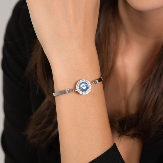 PULSERA DE ACERO PARA MUJER ELEMENTO DE CRISTAL AGUAMARINA Y CRISTALES BLANCOS
