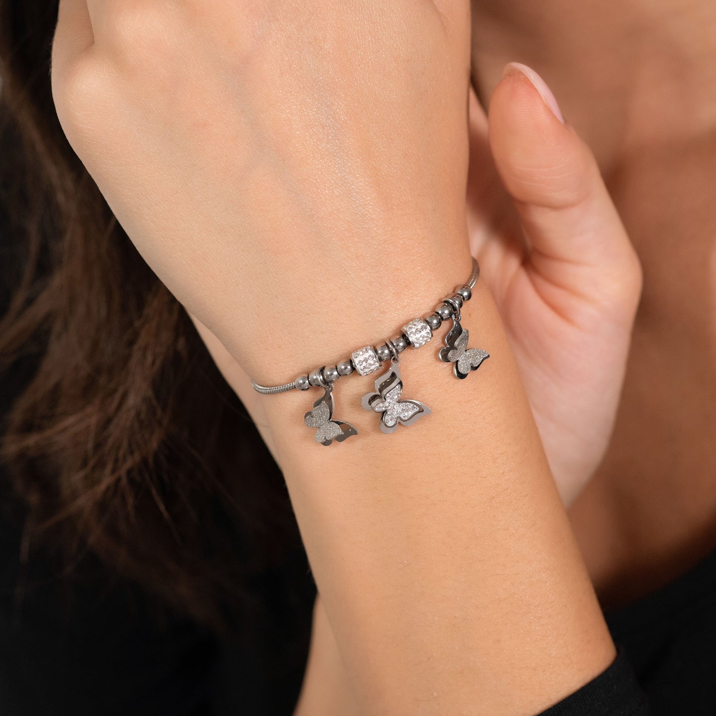 PULSERA MARIPOSA DE ACERO PARA MUJER CON CRISTALES BLANCOS