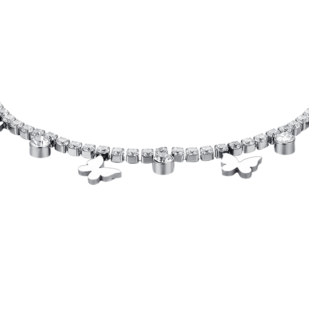 PULSERA DE TENIS DE ACERO PARA MUJER CON CRISTALES BLANCOS Y MARIPOSAS