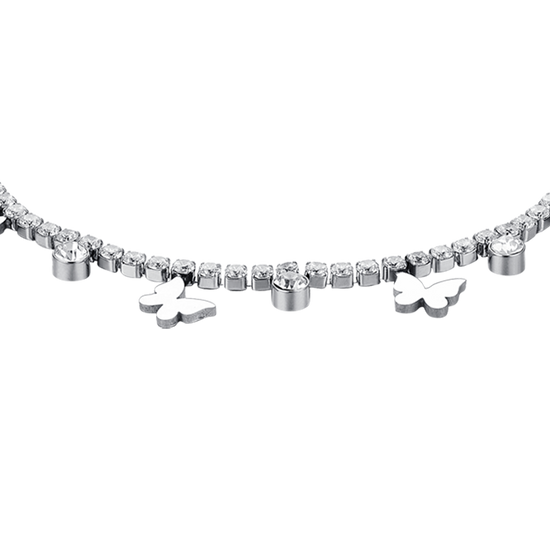 PULSERA DE TENIS DE ACERO PARA MUJER CON CRISTALES BLANCOS Y MARIPOSAS