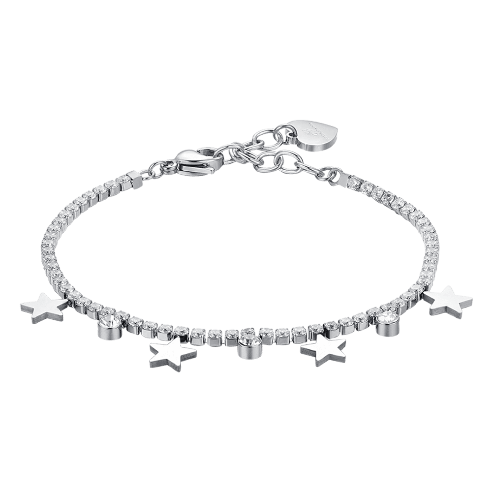 PULSERA DE TENIS DE ACERO PARA MUJER CON CRISTALES BLANCOS Y ESTRELLAS