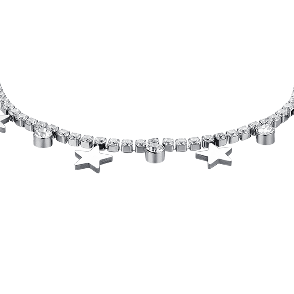 PULSERA DE TENIS DE ACERO PARA MUJER CON CRISTALES BLANCOS Y ESTRELLAS