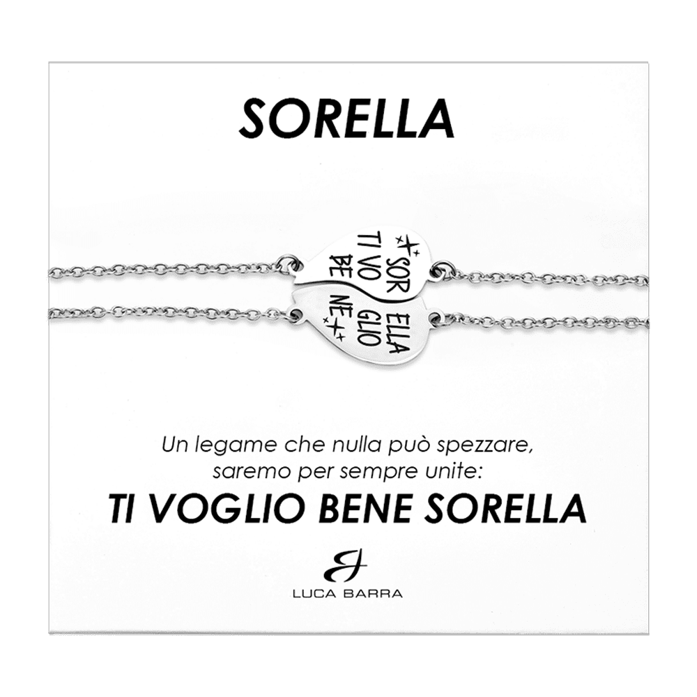 BRACCIALI DONNA IN ACCIAIO MEZZO CUORE SORELLA, TI VOGLIO BENE Luca Barra