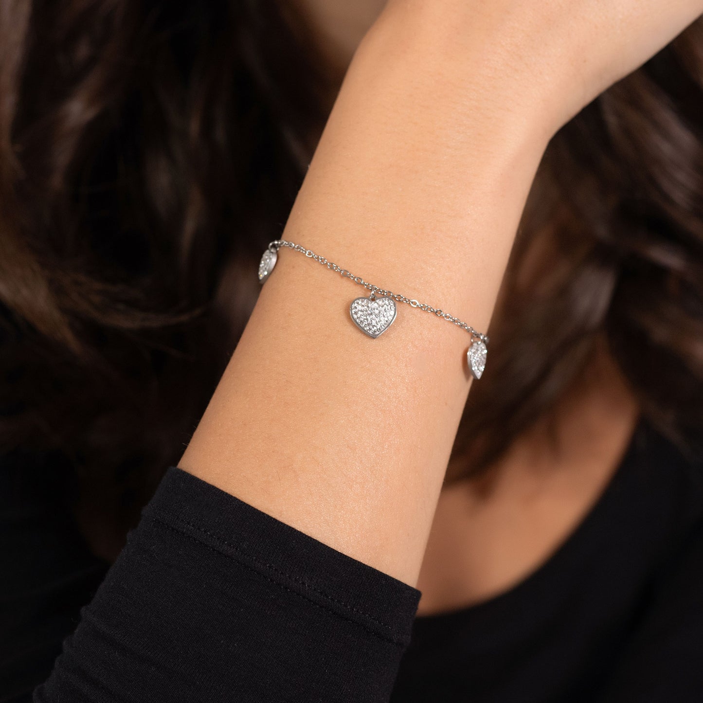 PULSERA DE MUJER CORAZÓN DE ACERO CON CRISTALES BLANCOS