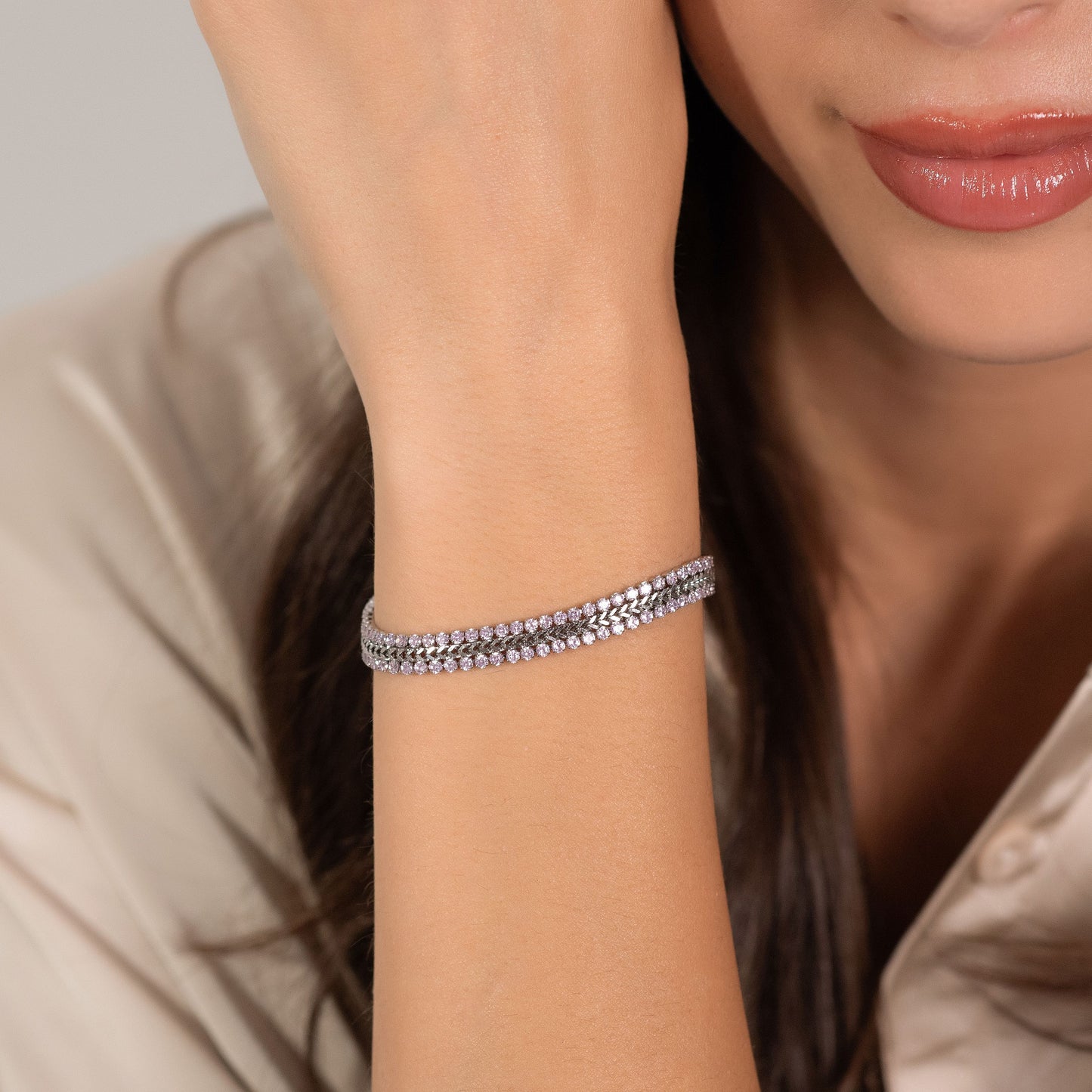 PULSERA DE TENIS DE ACERO PARA MUJER CON CRISTALES ROSAS