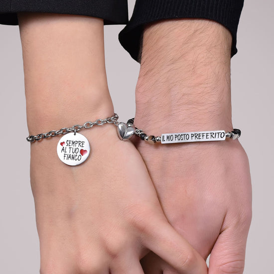 PULSERA DE PAREJA DE ACERO CON IMÁN DE CORAZÓN