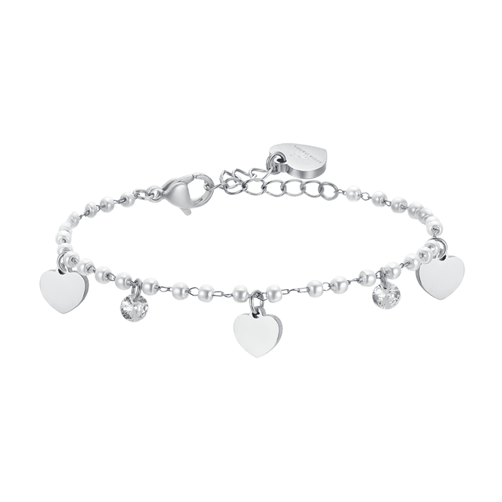 PULSERA DE PERLAS DE ACERO CON CORAZONES PARA MUJER