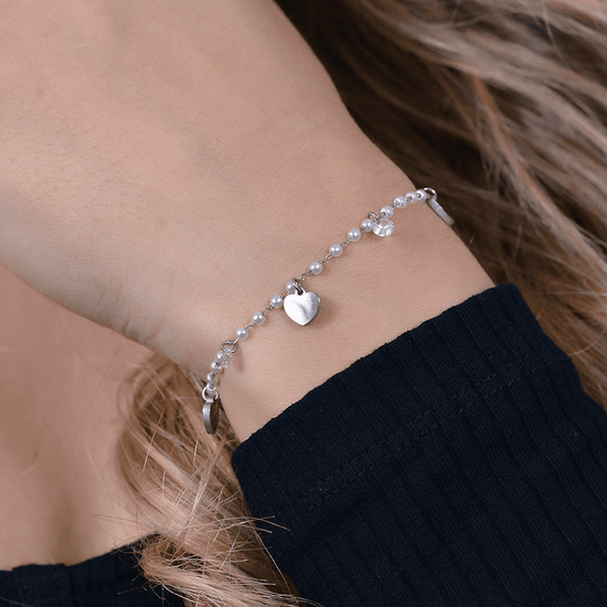 PULSERA DE PERLAS DE ACERO CON CORAZONES PARA MUJER