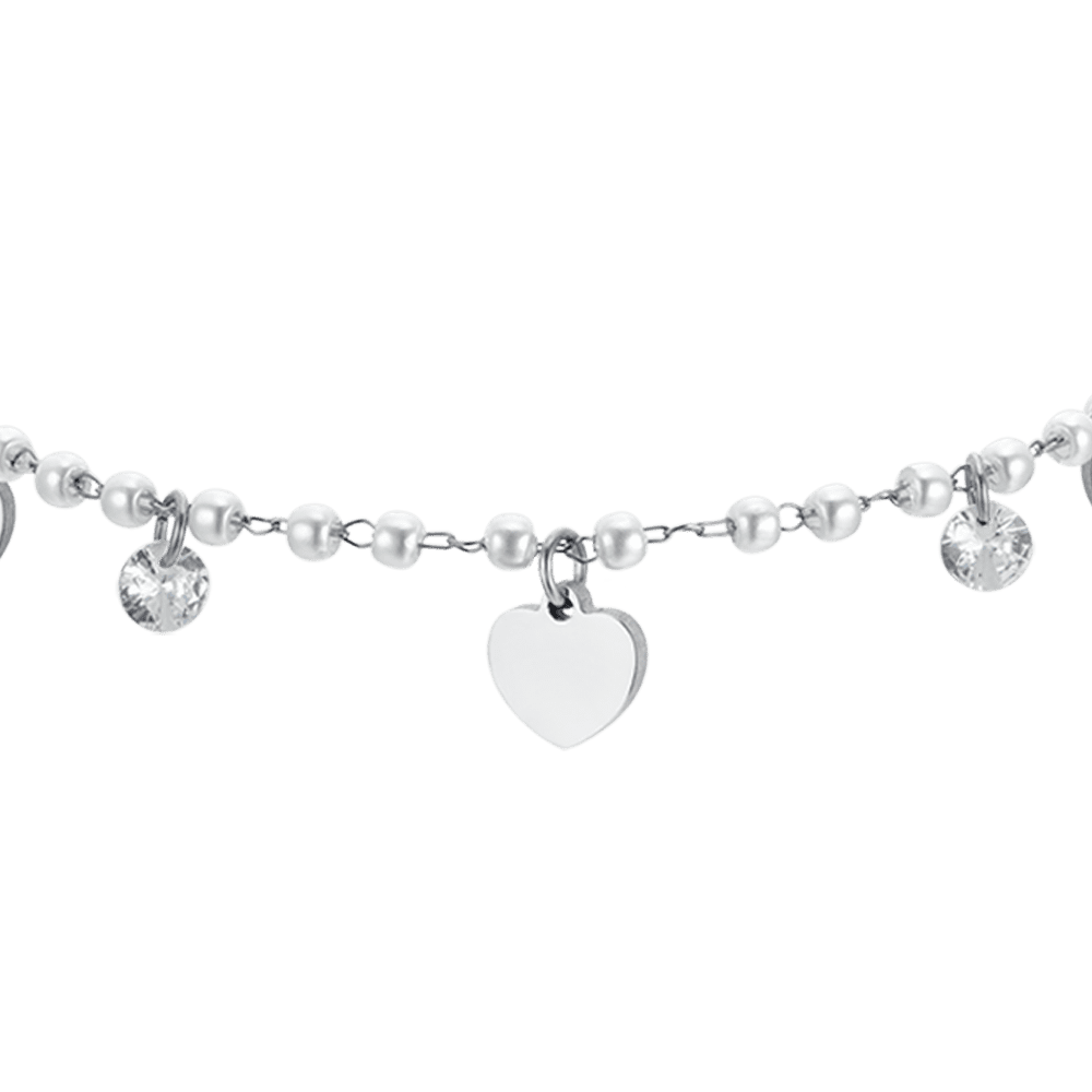 PULSERA DE PERLAS DE ACERO CON CORAZONES PARA MUJER