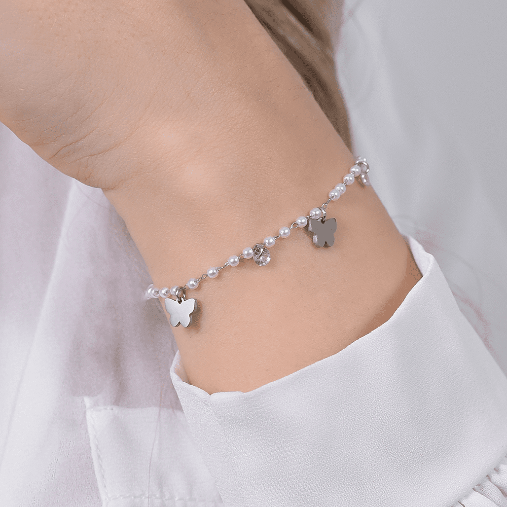 PULSERA DE PERLAS DE ACERO CON MARIPOSAS PARA MUJER