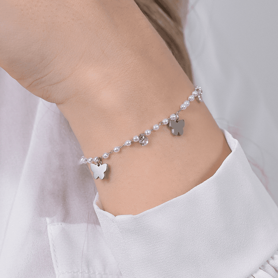 PULSERA DE PERLAS DE ACERO CON MARIPOSAS PARA MUJER
