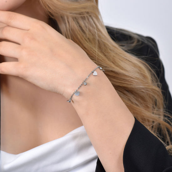PULSERA DE ACERO CORAZONES Y CRISTALES PARA MUJER