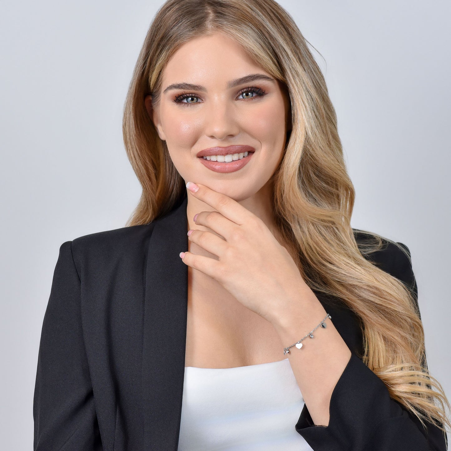 PULSERA DE ACERO CORAZONES Y CRISTALES PARA MUJER