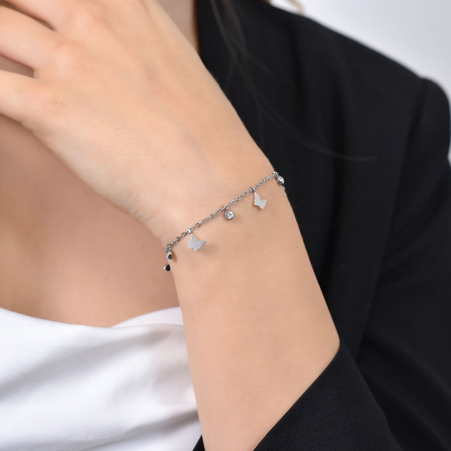 PULSERA DE ACERO MARIPOSAS Y CRISTALES PARA MUJER