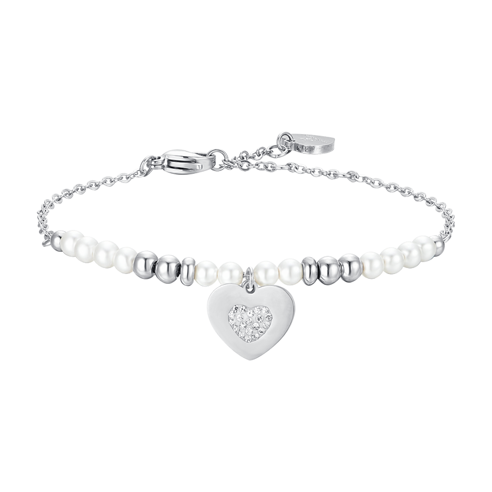 PULSERA DE ACERO PARA MUJER CON PERLAS Y CORAZÓN