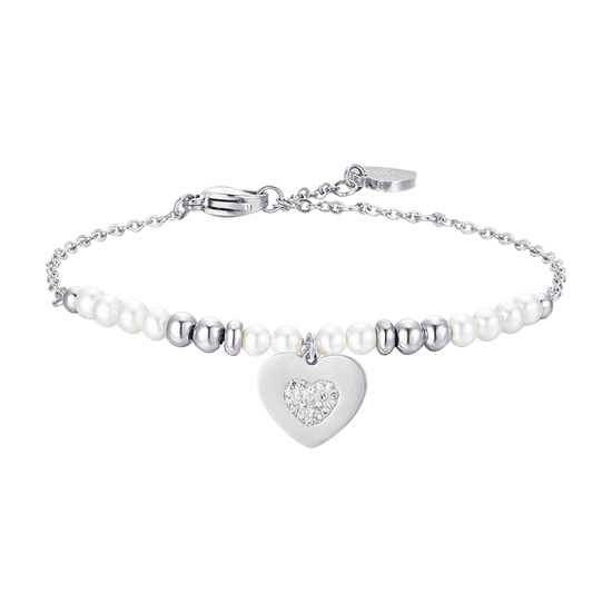 PULSERA DE ACERO PARA MUJER CON PERLAS Y CORAZÓN