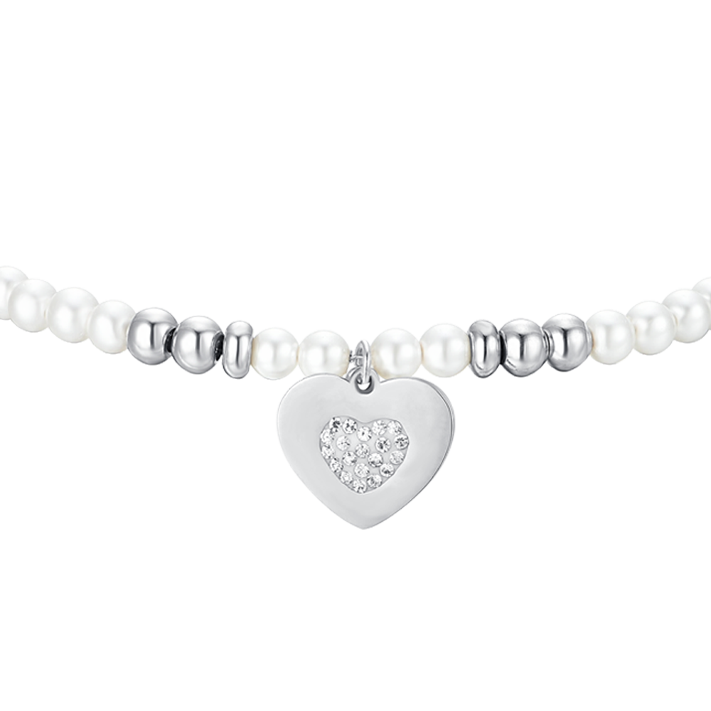 PULSERA DE ACERO PARA MUJER CON PERLAS Y CORAZÓN