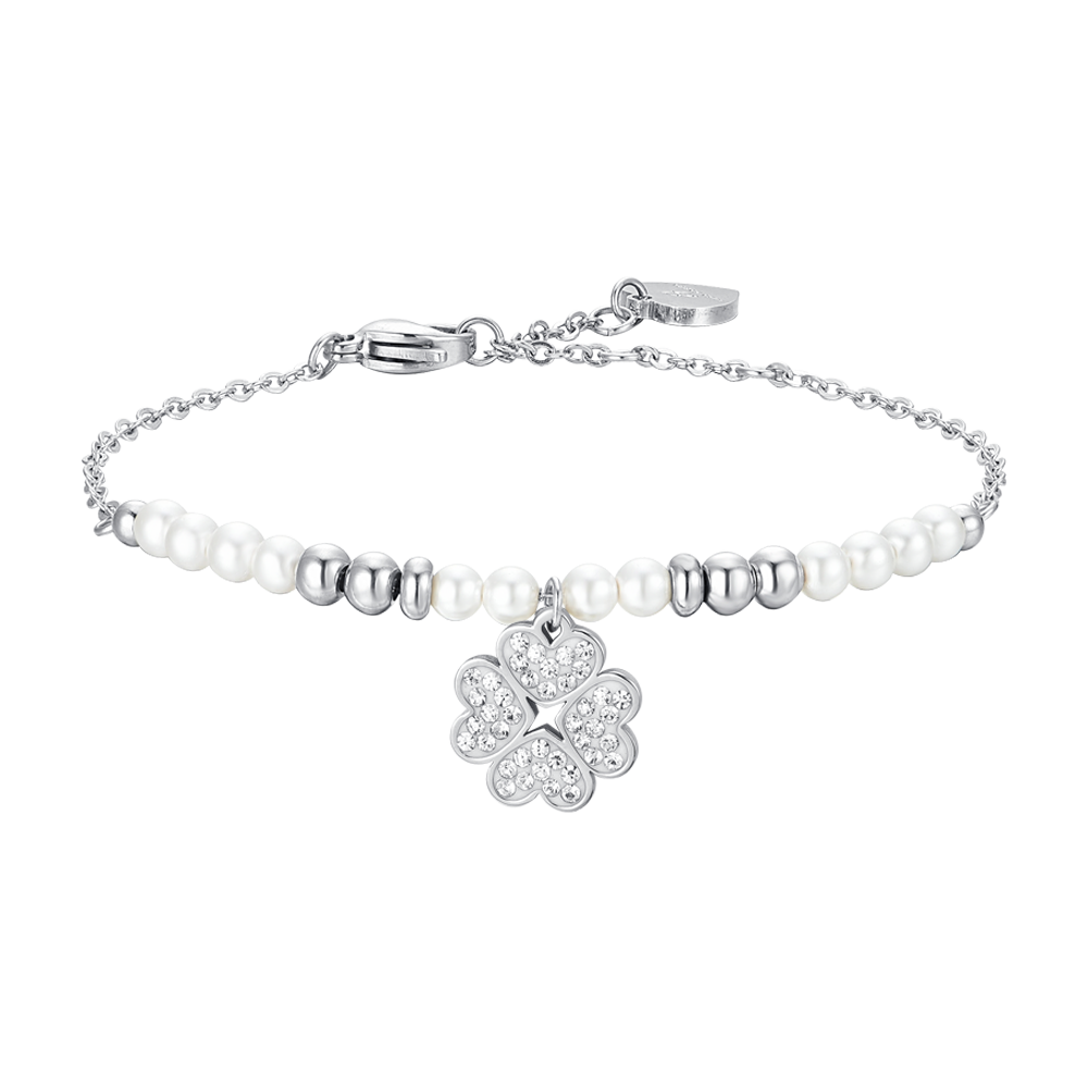 PULSERA DE ACERO PARA MUJER CON PERLAS Y TRÉBOL DE CUATRO HOJAS