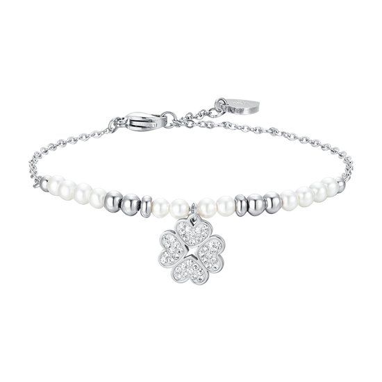 PULSERA DE ACERO PARA MUJER CON PERLAS Y TRÉBOL DE CUATRO HOJAS