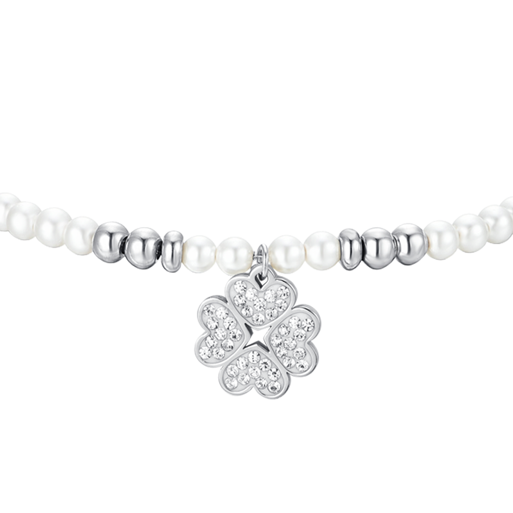 BRACCIALE DONNA IN ACCIAIO CON PERLE SINTETICHE E QUADRIFOGLIO