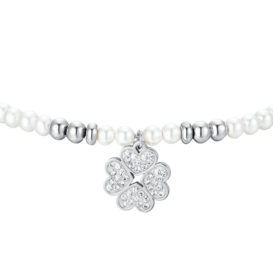 BRACCIALE DONNA IN ACCIAIO CON PERLE SINTETICHE E QUADRIFOGLIO
