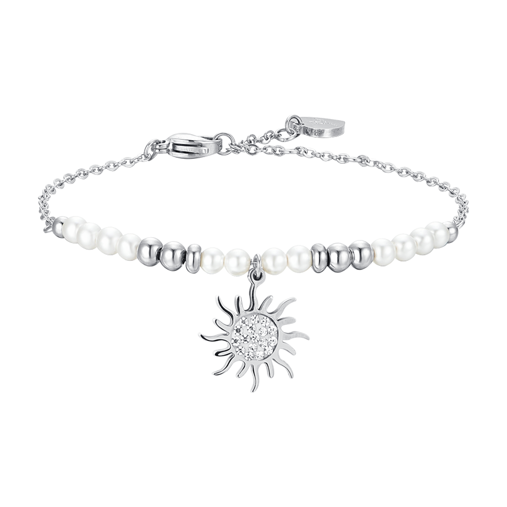 PULSERA DE ACERO PARA MUJER CON PERLAS Y SOL