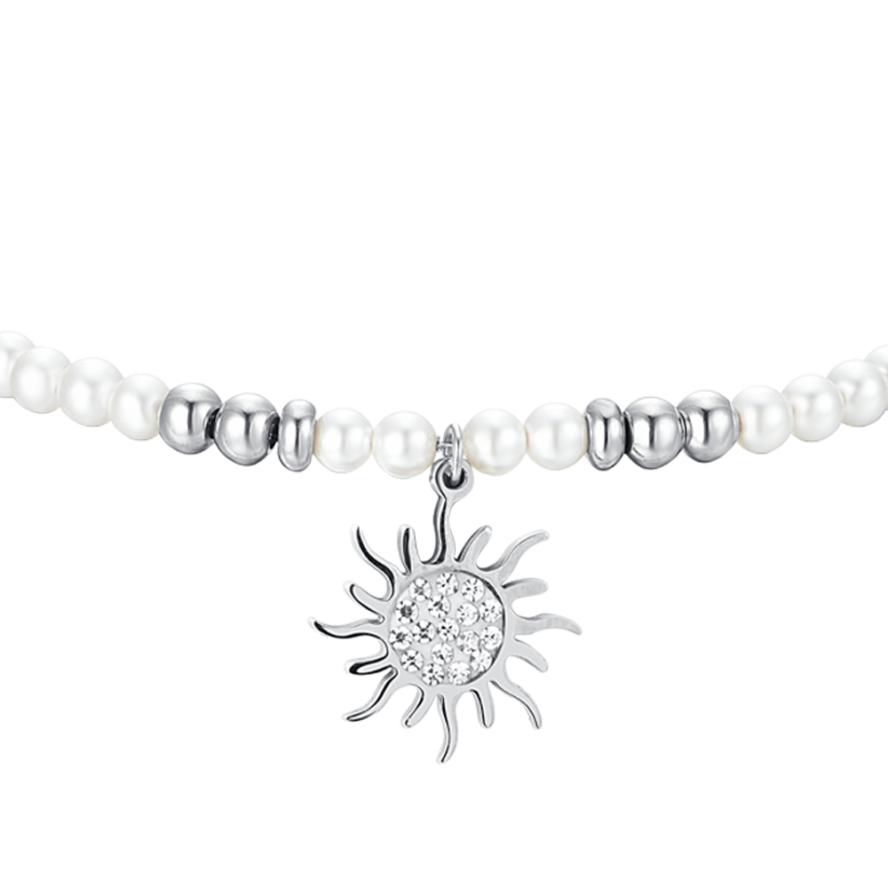 PULSERA DE ACERO PARA MUJER CON PERLAS Y SOL