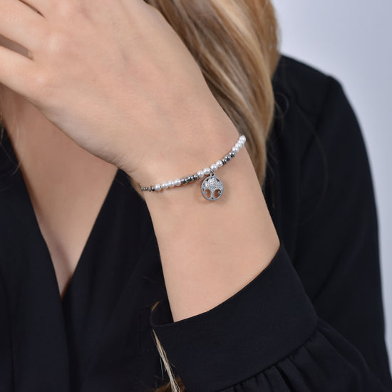 PULSERA DE ACERO PARA MUJER CON PERLAS Y ÁRBOL DE LA VIDA