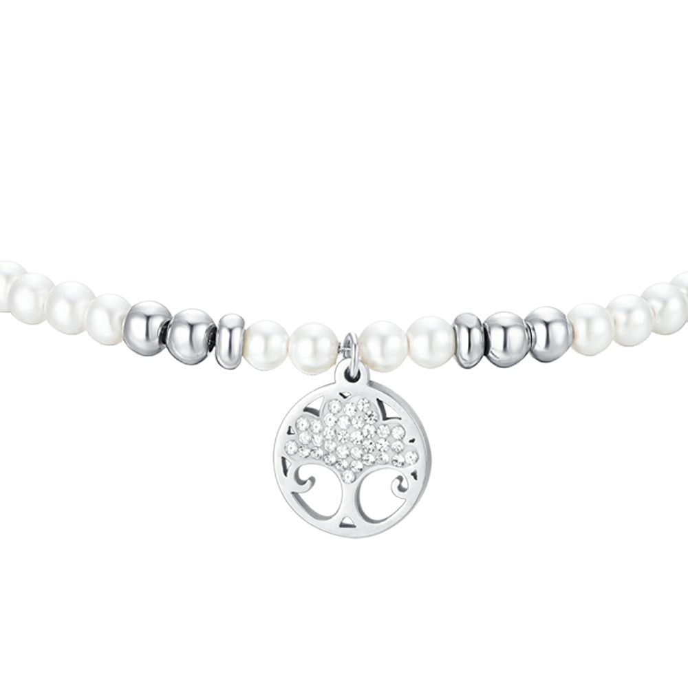 PULSERA DE ACERO PARA MUJER CON PERLAS Y ÁRBOL DE LA VIDA