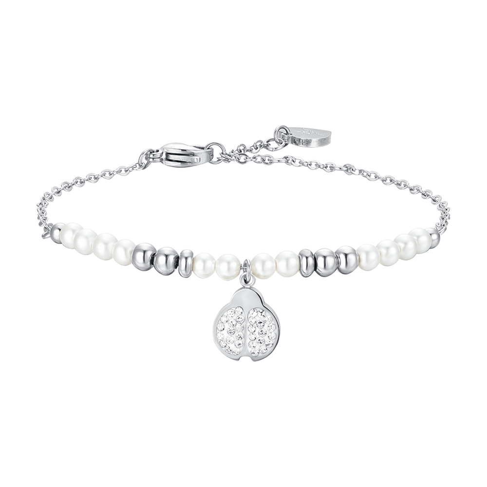 PULSERA DE ACERO PARA MUJER CON PERLAS Y MARIQUITAS