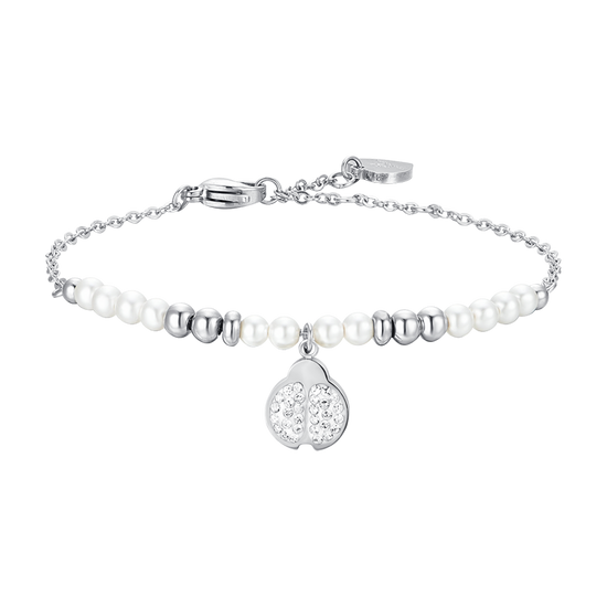 PULSERA DE ACERO PARA MUJER CON PERLAS Y MARIQUITAS