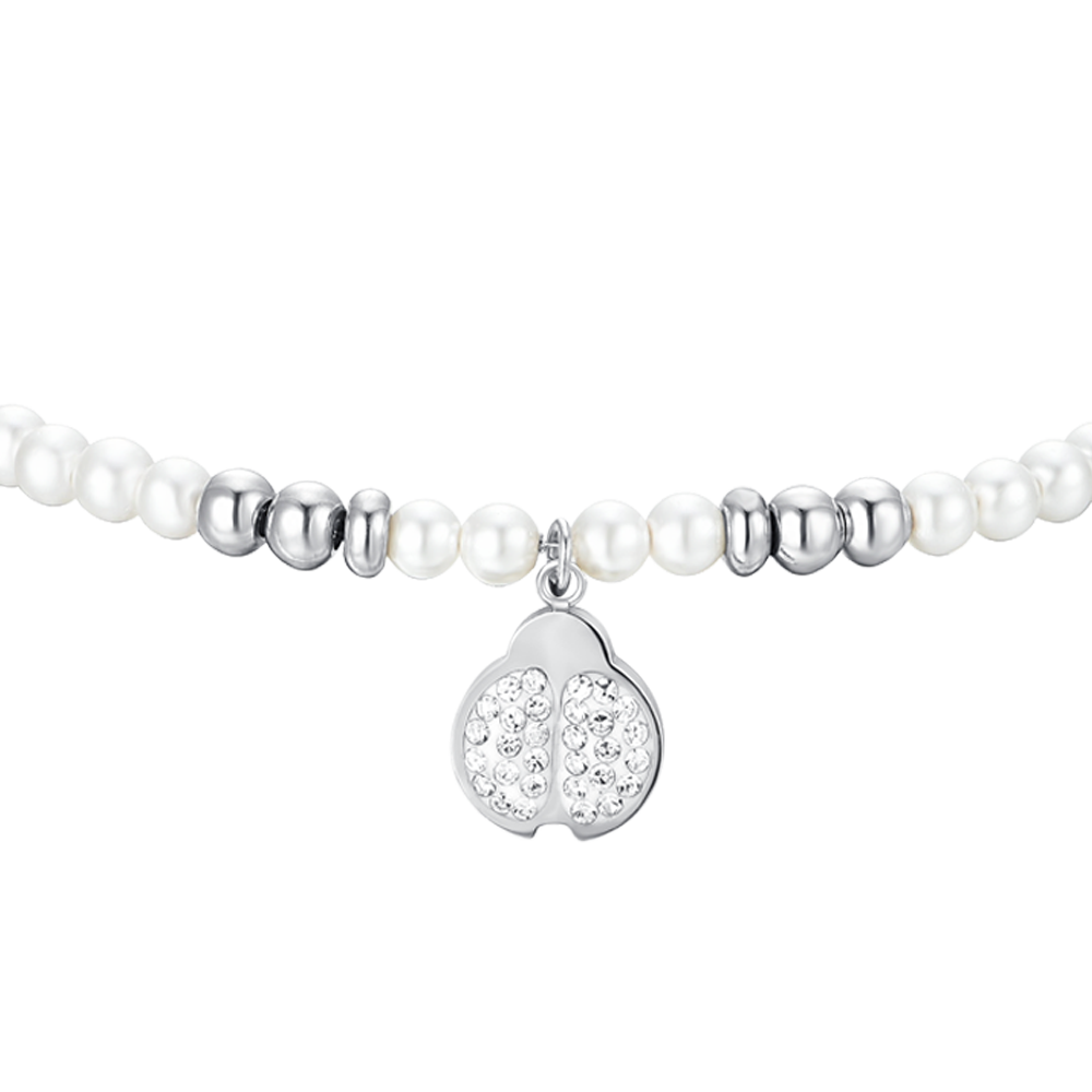 PULSERA DE ACERO PARA MUJER CON PERLAS Y MARIQUITAS