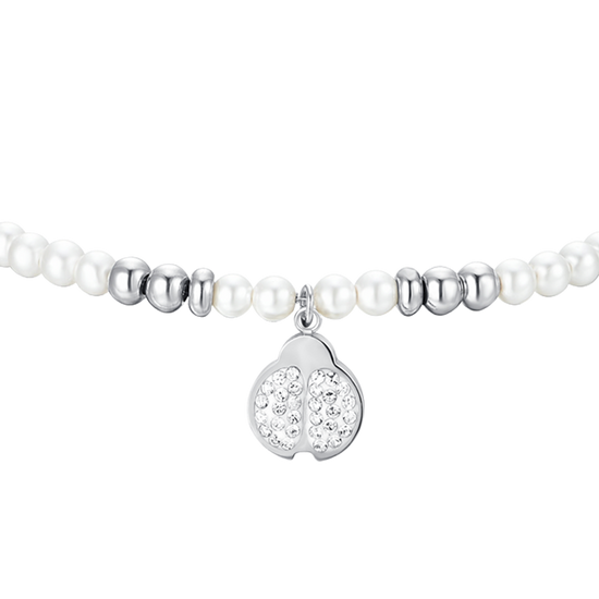 PULSERA DE ACERO PARA MUJER CON PERLAS Y MARIQUITAS
