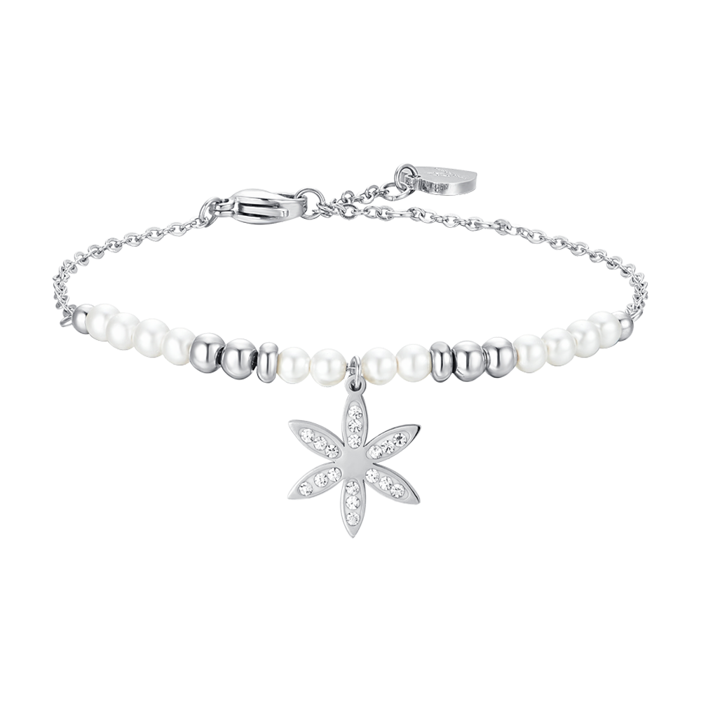 PULSERA DE ACERO PARA MUJER CON PERLAS Y FLOR DE LA VIDA