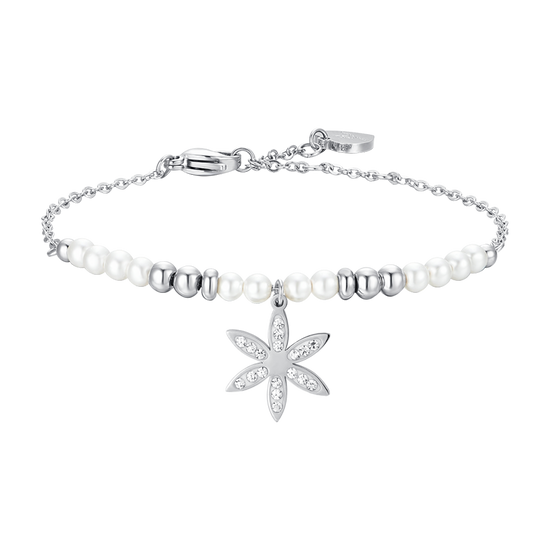 PULSERA DE ACERO PARA MUJER CON PERLAS Y FLOR DE LA VIDA