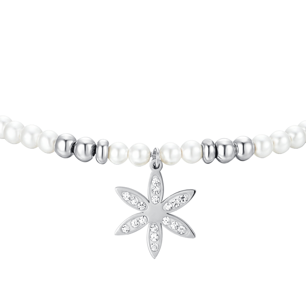 PULSERA DE ACERO PARA MUJER CON PERLAS Y FLOR DE LA VIDA